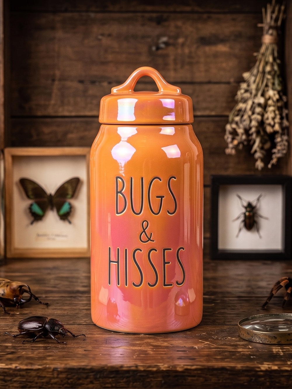 🩷 New Rae Dunn Bugs & Hisses Canister, Candy Jar, Iridescent Orange, Last One